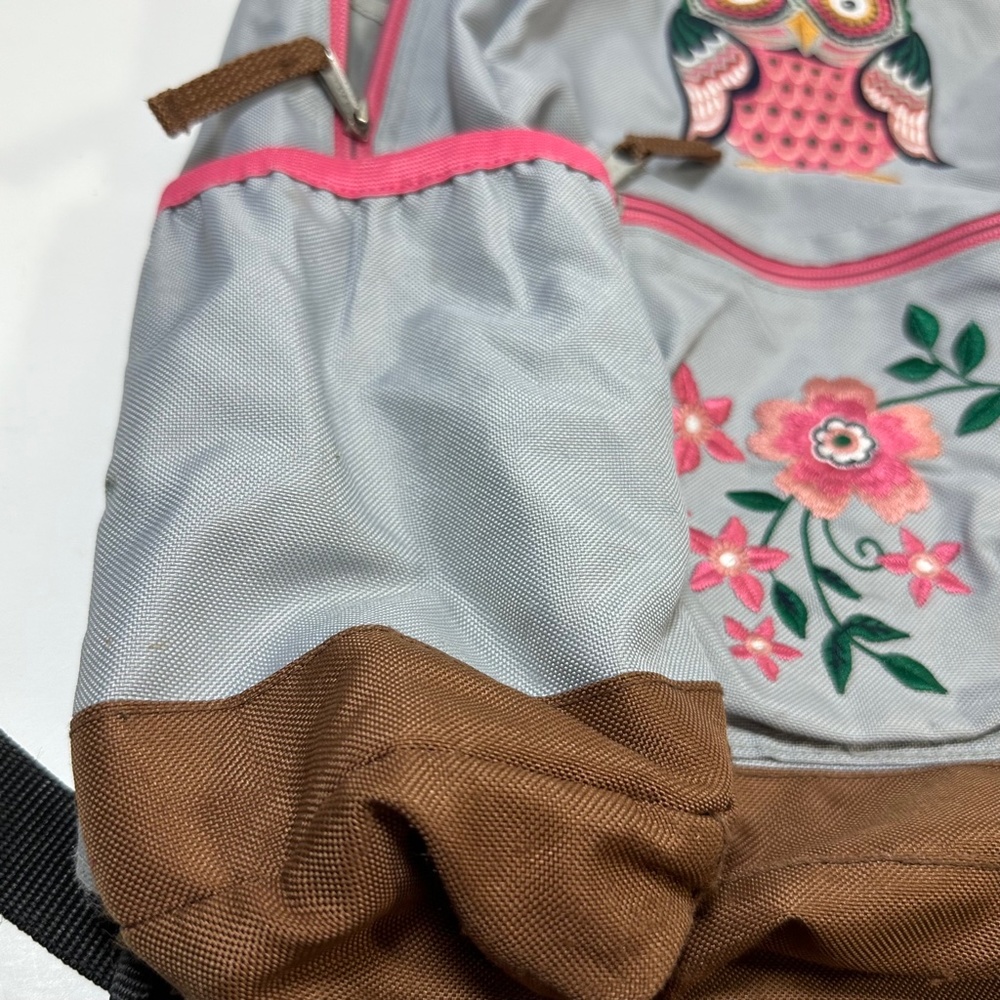 Hanna Andersson Embroidered Owl Flowers Full Size Backpack Gray Pink - Picture 10 of 12